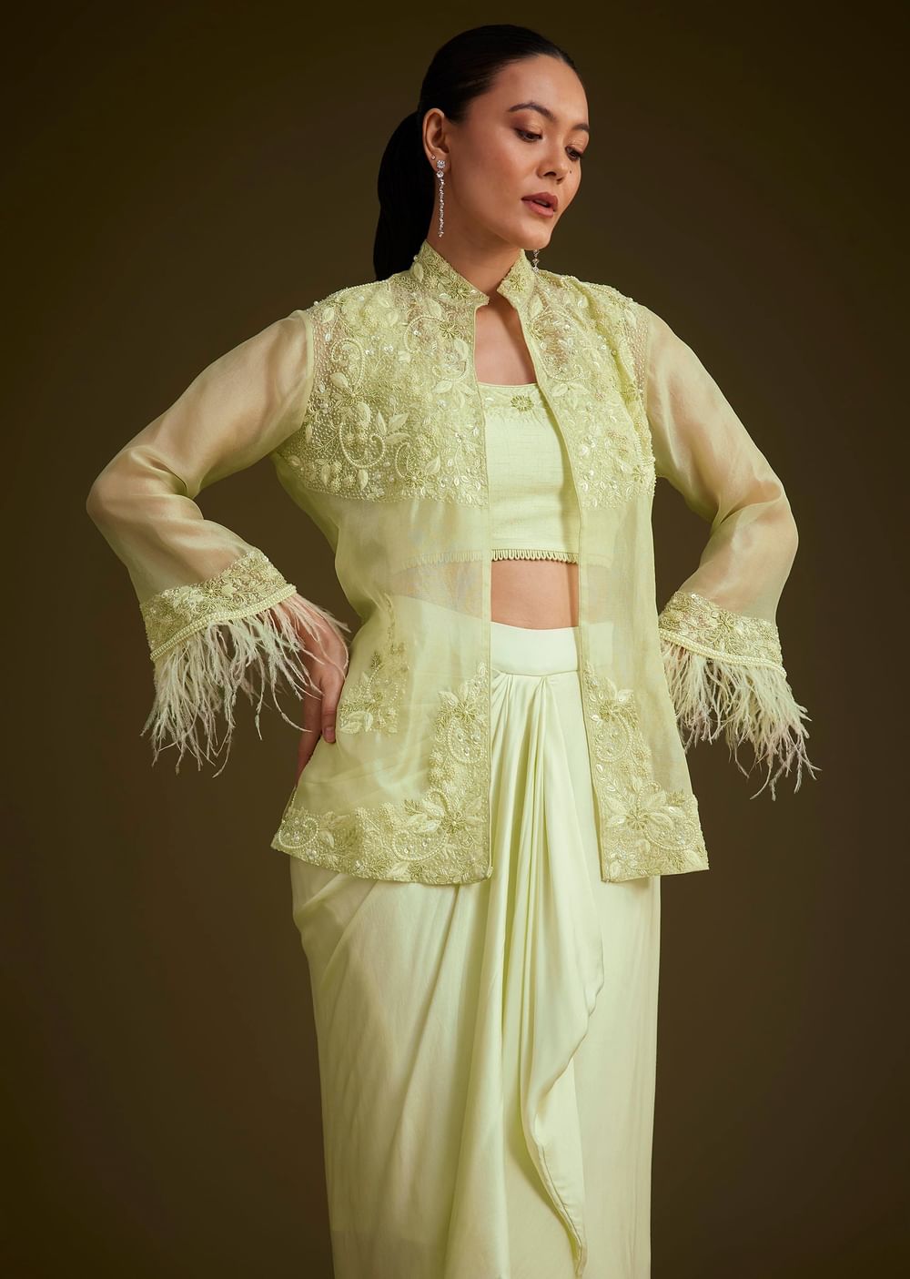 Light Lime Green Embroidered Crop Top And Jacket Set