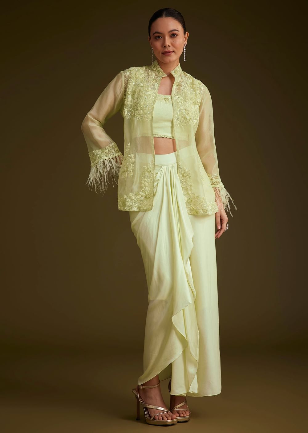 Light Lime Green Embroidered Crop Top And Jacket Set