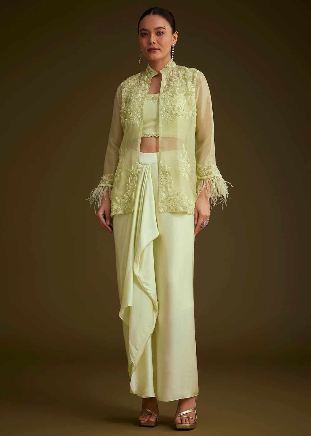 Light Lime Green Embroidered Crop Top And Jacket Set