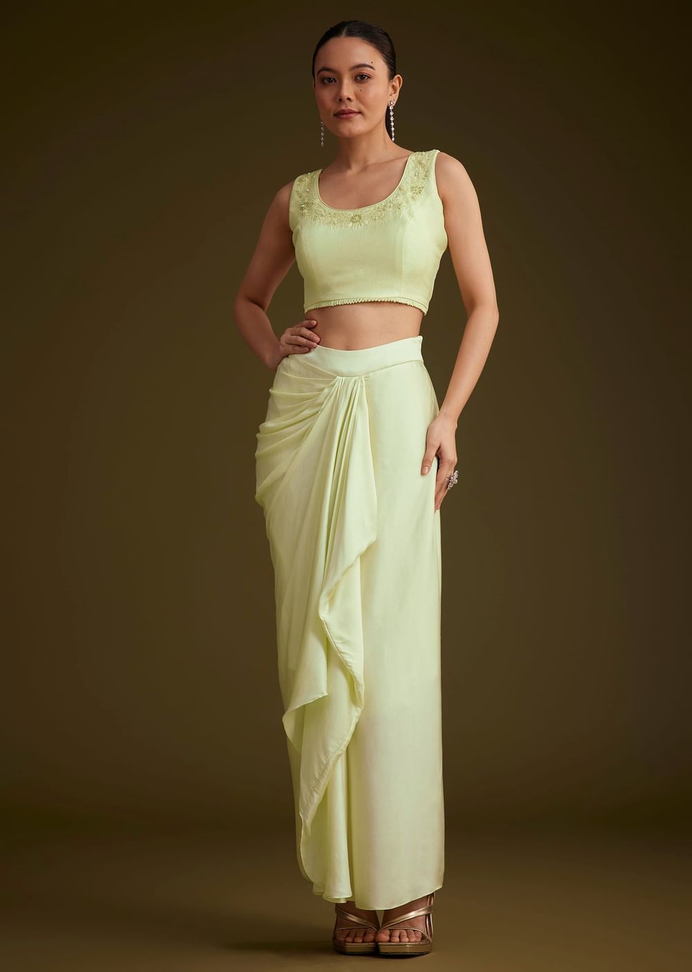 Light Lime Green Embroidered Crop Top And Jacket Set