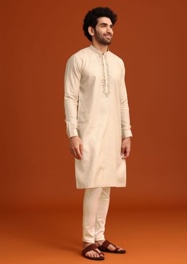 Light Natural Floral Resham Embroidered Kurta And Pant Set