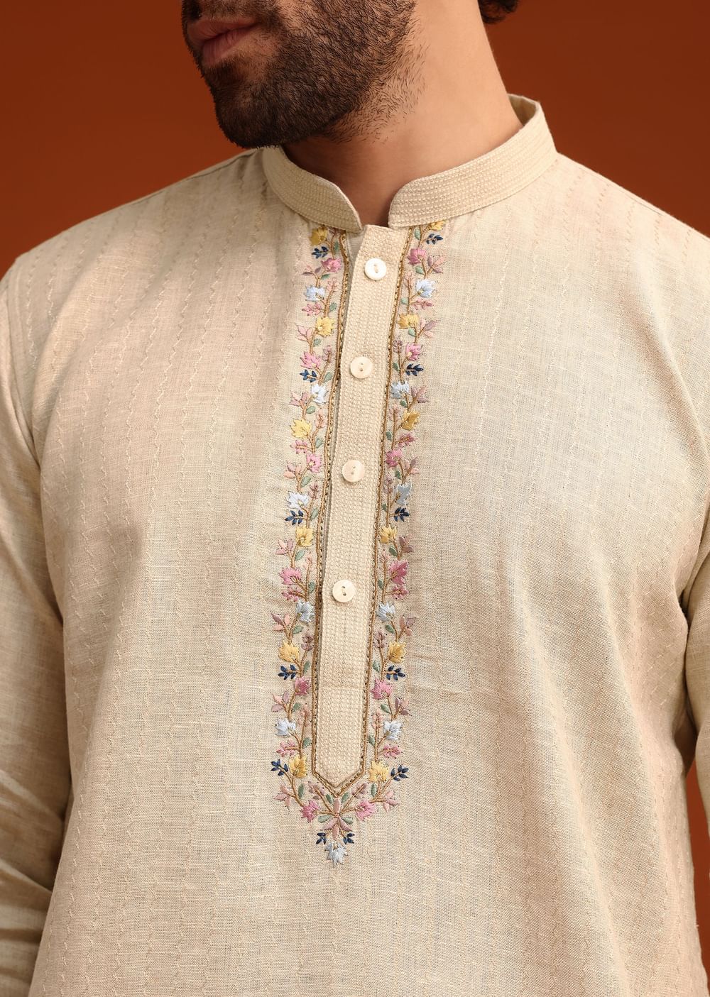 Light Natural Floral Resham Embroidered Kurta And Pant Set