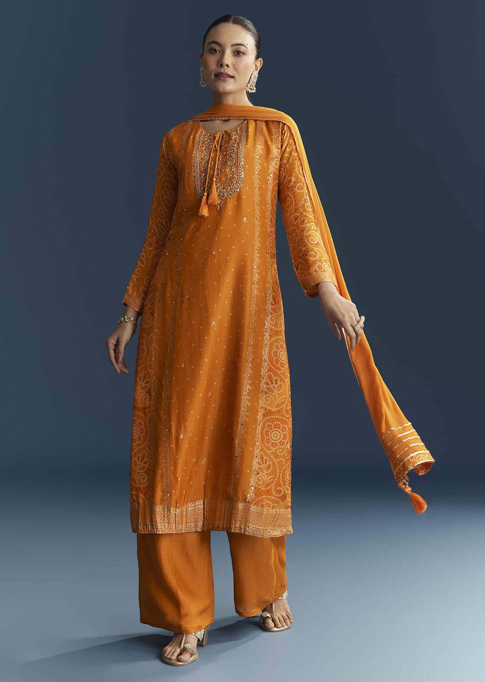 Light Orange Silk Bandhani Palazzo Suit With Embroidery