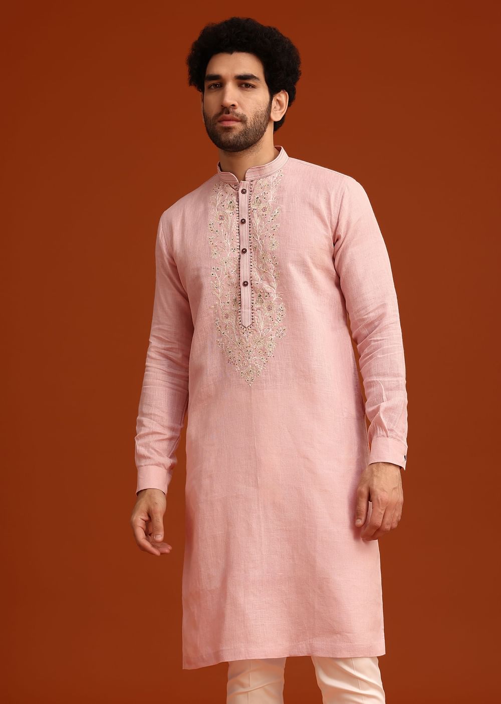 Light Pink Floral Thread Embroidered Kurta And Pant Set