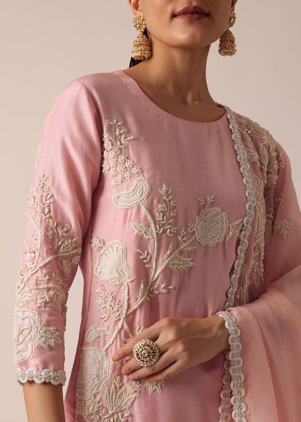 Light Pink Kurta Sharara Set In Chanderi Silk