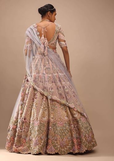 Light Pink Lehenga Set With A Choli In Moti Embroidery, Crop Top Comes In Half Sleeves With Cut Work