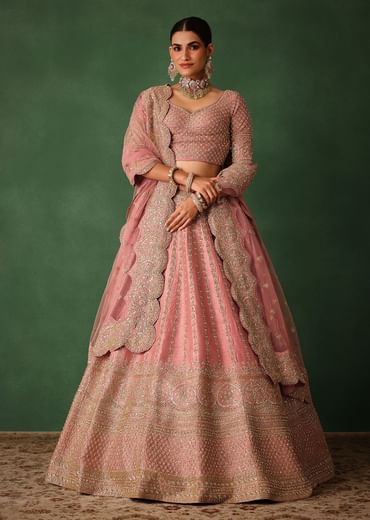 Light Pink Raw Silk Hand Embroidered Lehenga Set