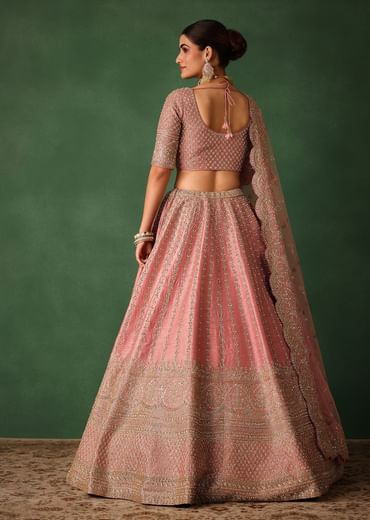 Light Pink Raw Silk Hand Embroidered Lehenga Set