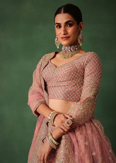 Light Pink Raw Silk Hand Embroidered Lehenga Set