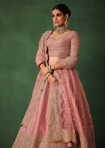 Light Pink Raw Silk Hand Embroidered Lehenga Set