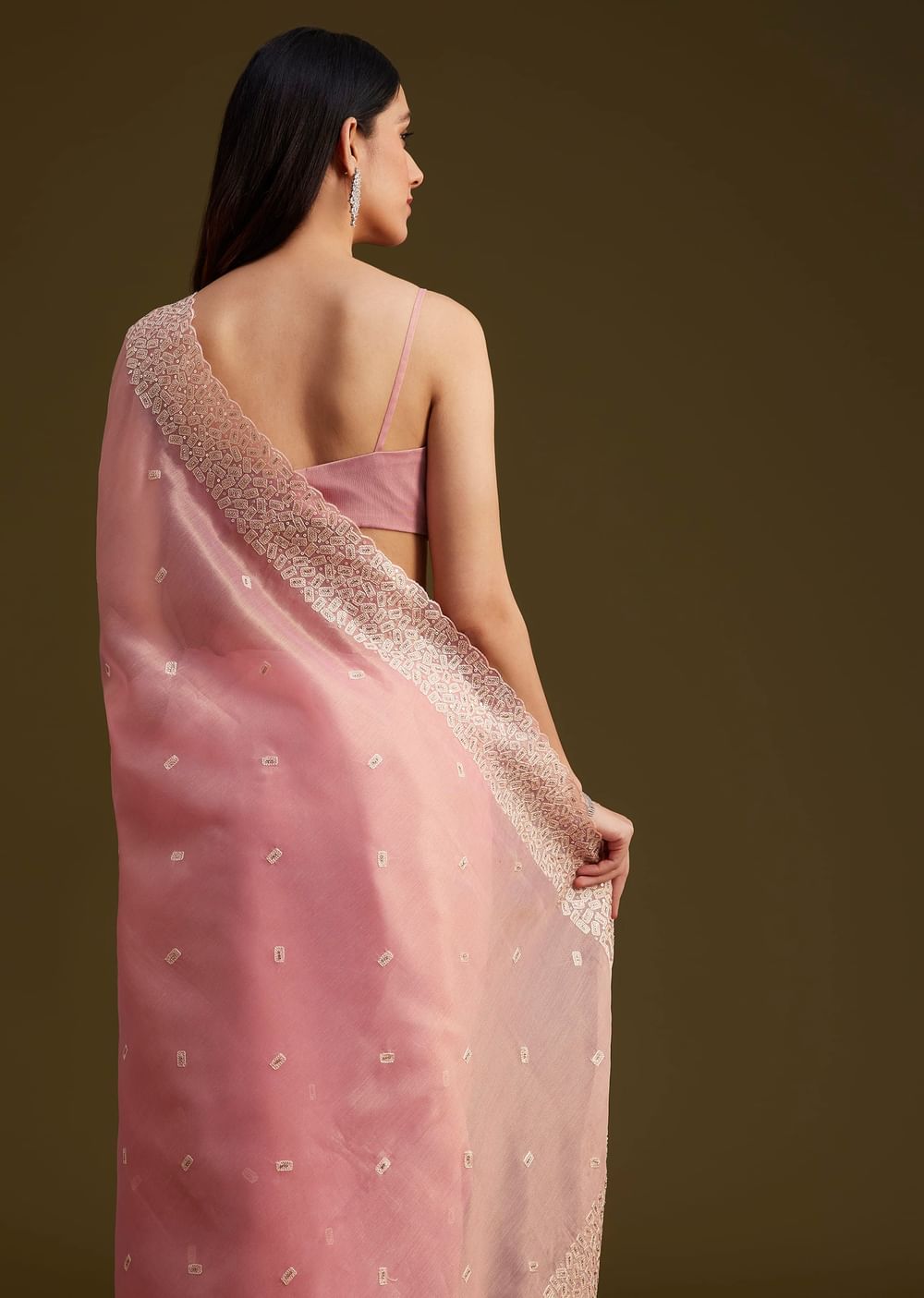 Light Pink Tissue Sequin And Resham Thread Work Saree