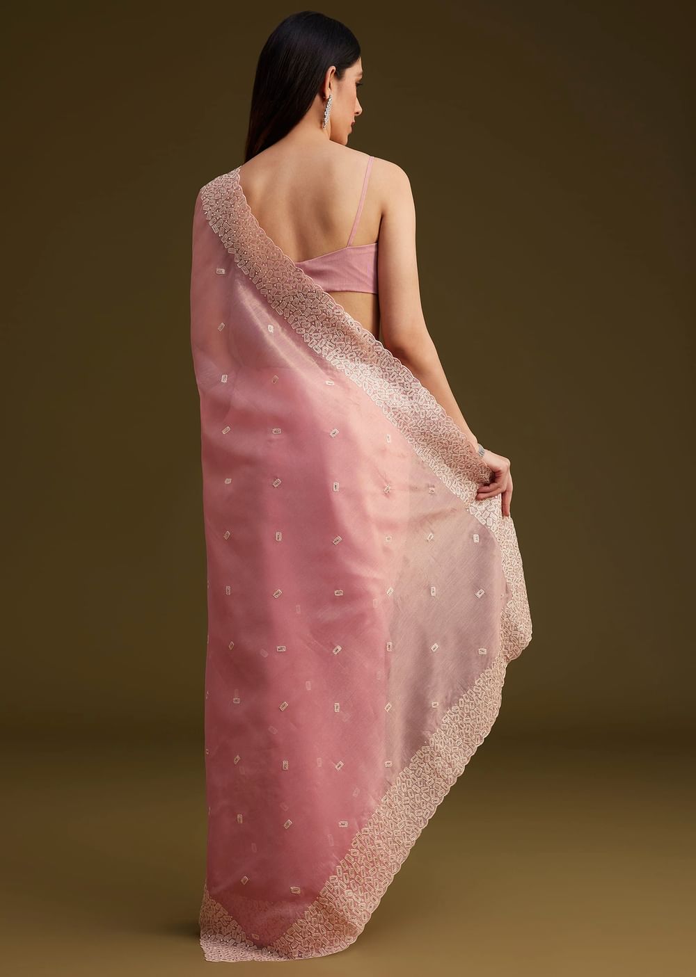 Light Pink Tissue Sequin And Resham Thread Work Saree