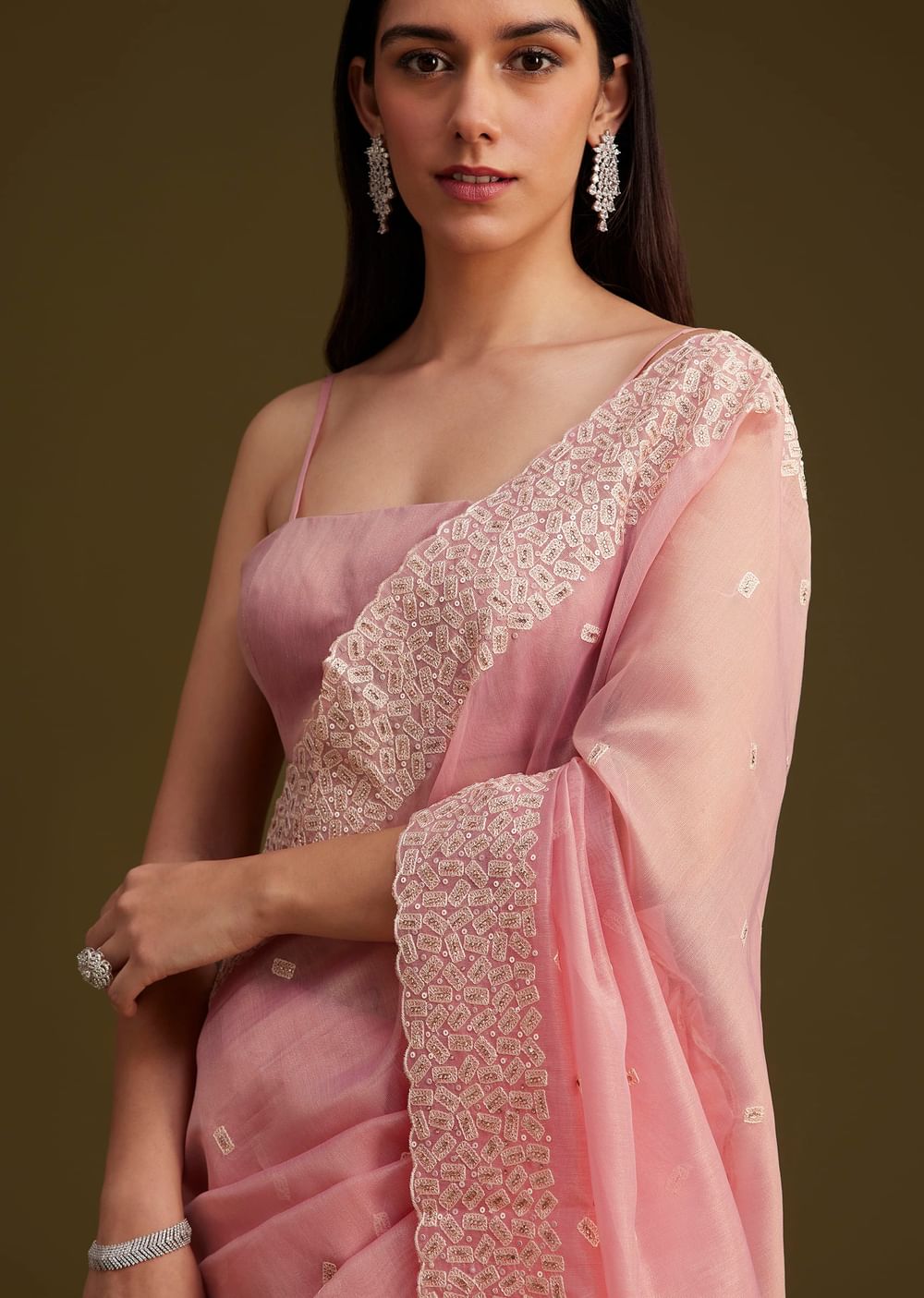 Light Pink Tissue Sequin And Resham Thread Work Saree