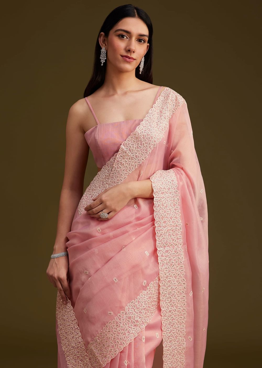 Light Pink Tissue Sequin And Resham Thread Work Saree