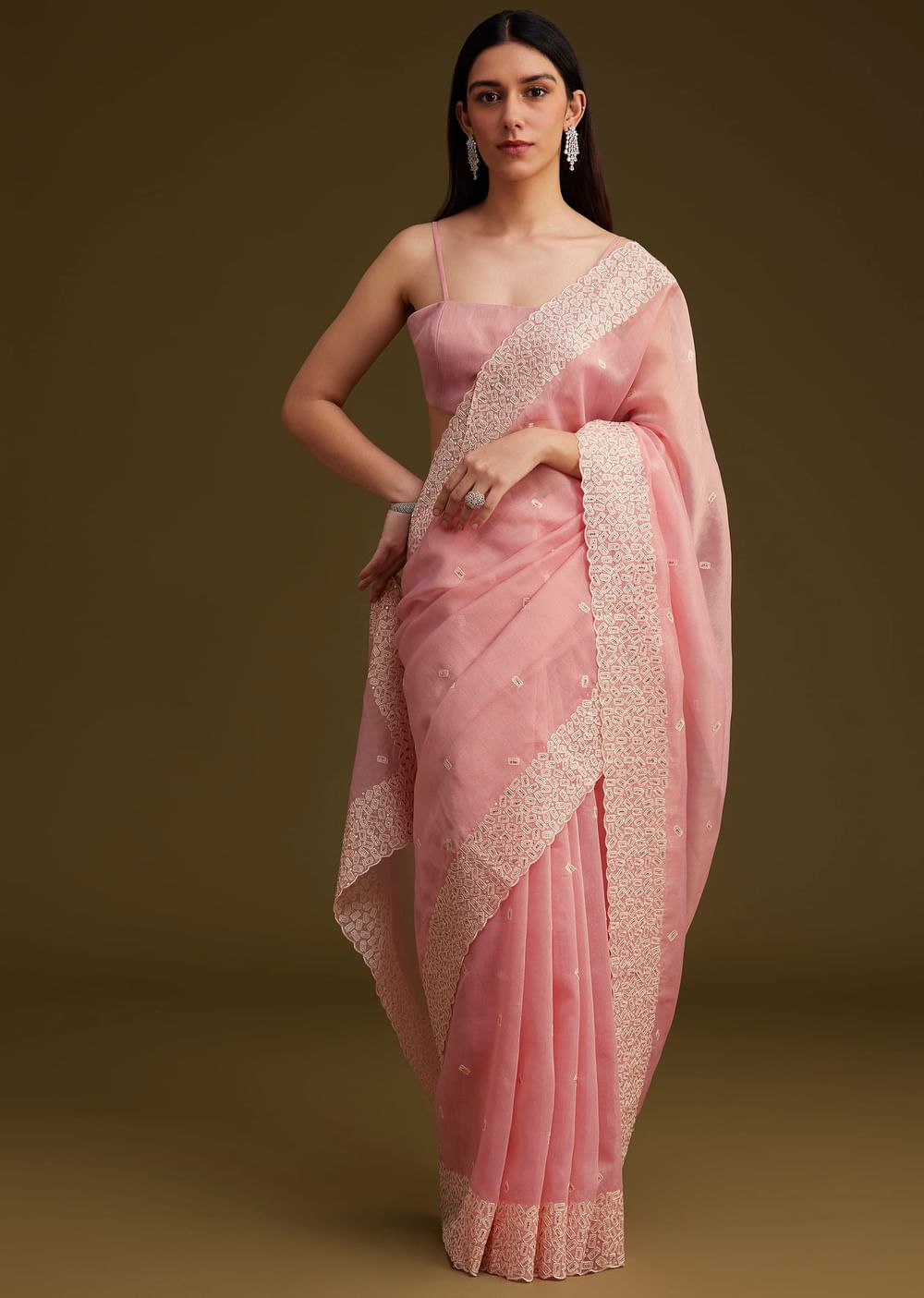 Light Pink Tissue Sequin And Resham Thread Work Saree
