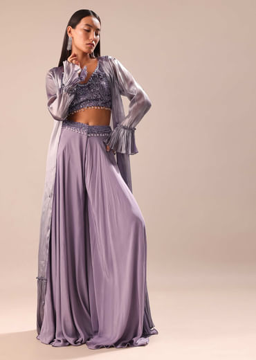 Light Purple Palazzo With Embroidered Blouse And Jacket