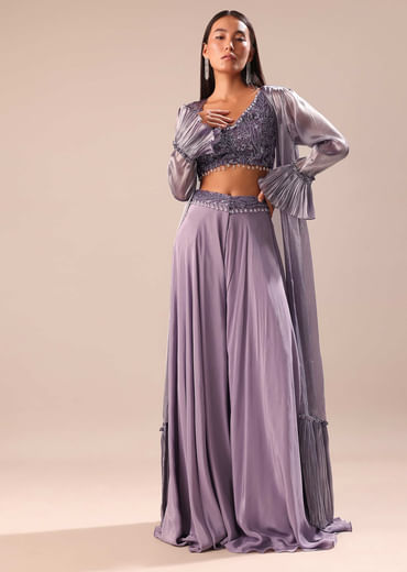 Light Purple Palazzo With Embroidered Blouse And Jacket