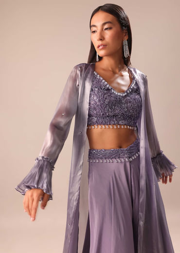 Light Purple Palazzo With Embroidered Blouse And Jacket