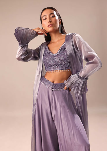 Light Purple Palazzo With Embroidered Blouse And Jacket