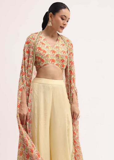 Light Yellow Printed Organza Palazzo Set With Jacket