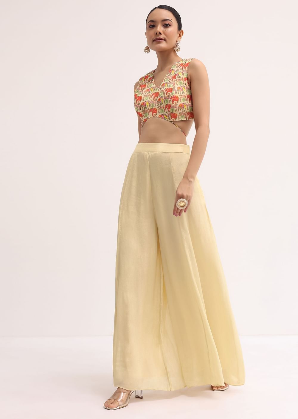 Light Yellow Printed Organza Palazzo Set With Jacket