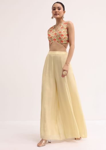 Light Yellow Printed Organza Palazzo Set With Jacket