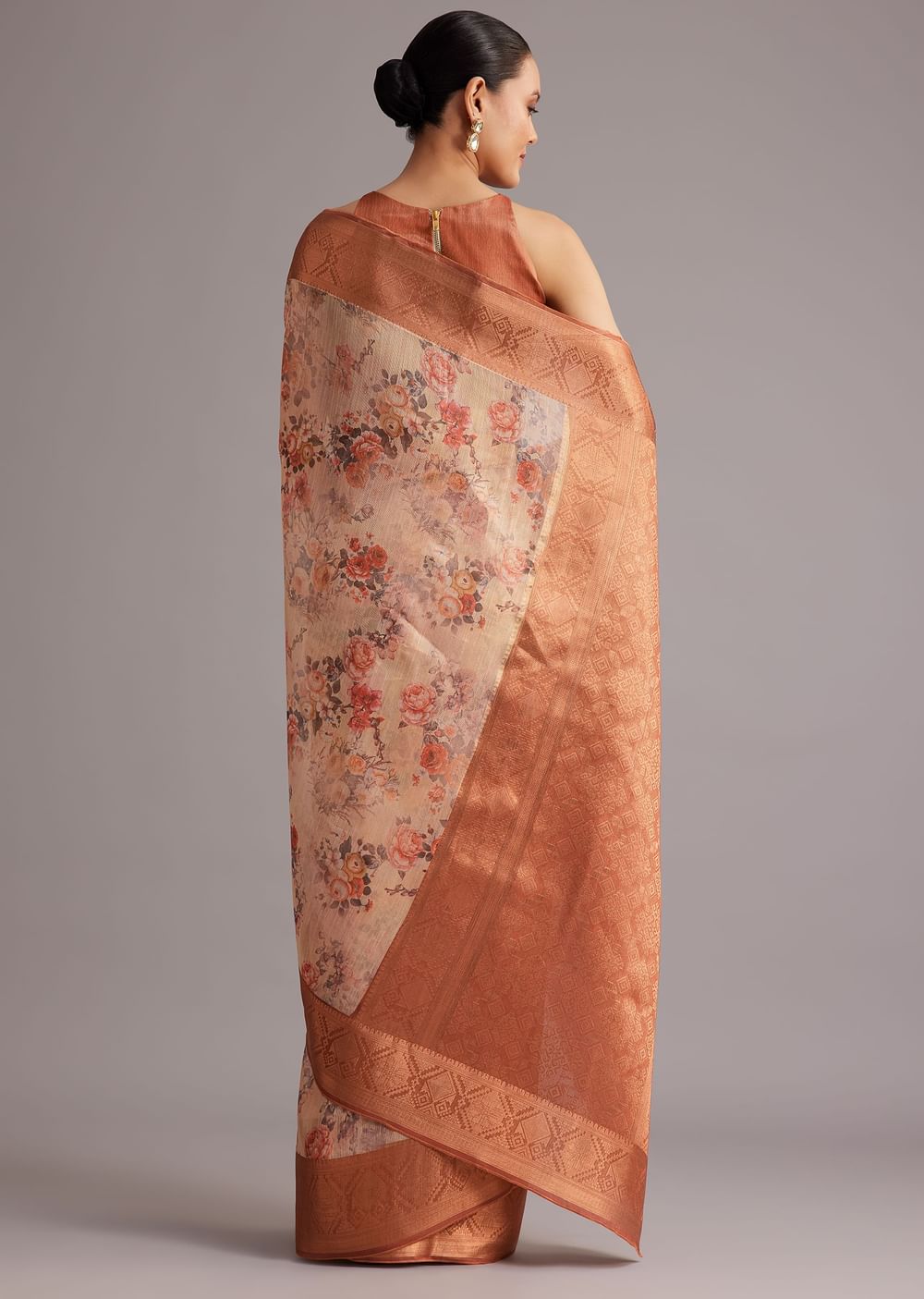 Light Yellow Tissue Silk Floral Printed Saree With Zari Woven Border