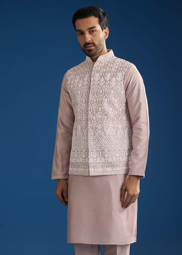Lilac Cotton Silk Jacket Kurta Set With Mirror And Dori Embroidery