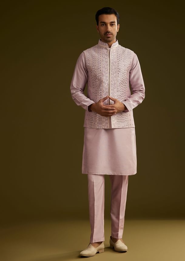 Lilac Cotton Silk Kurta Set With Mirror Threadwork Jacket