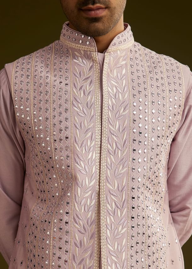 Lilac Cotton Silk Kurta Set With Mirror Threadwork Jacket