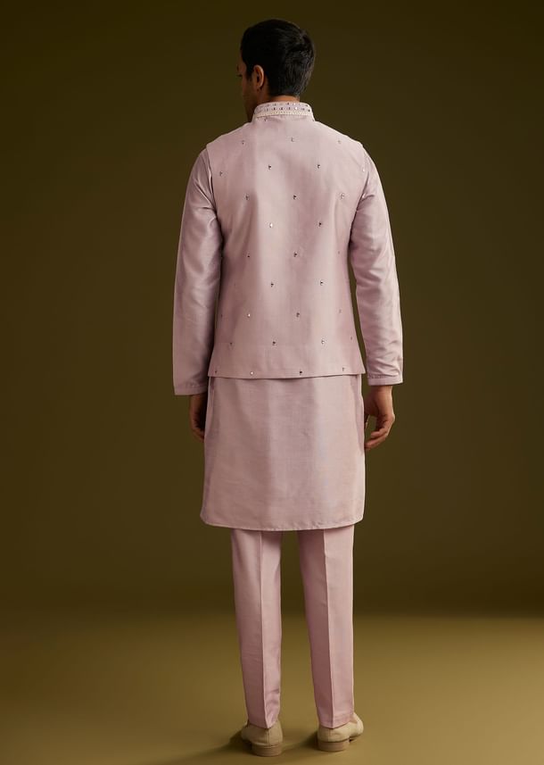 Lilac Cotton Silk Kurta Set With Mirror Threadwork Jacket