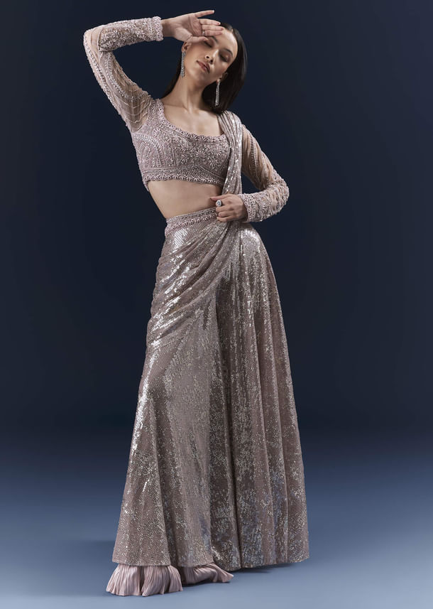 Lilac  Imported Sequins Crop Top And Palazzo Pants With Attached Dupatta Lilac  Imported Sequins Crop Top And Palazzo Pants With Attached Dupatta