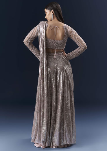 Lilac  Imported Sequins Crop Top And Palazzo Pants With Attached Dupatta Lilac  Imported Sequins Crop Top And Palazzo Pants With Attached Dupatta