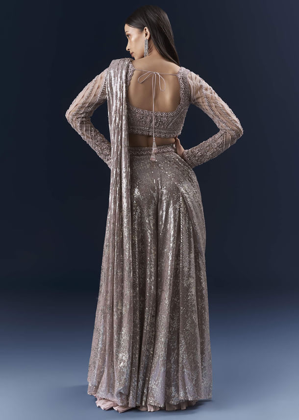 Lilac  Imported Sequins Crop Top And Palazzo Pants With Attached Dupatta Lilac  Imported Sequins Crop Top And Palazzo Pants With Attached Dupatta