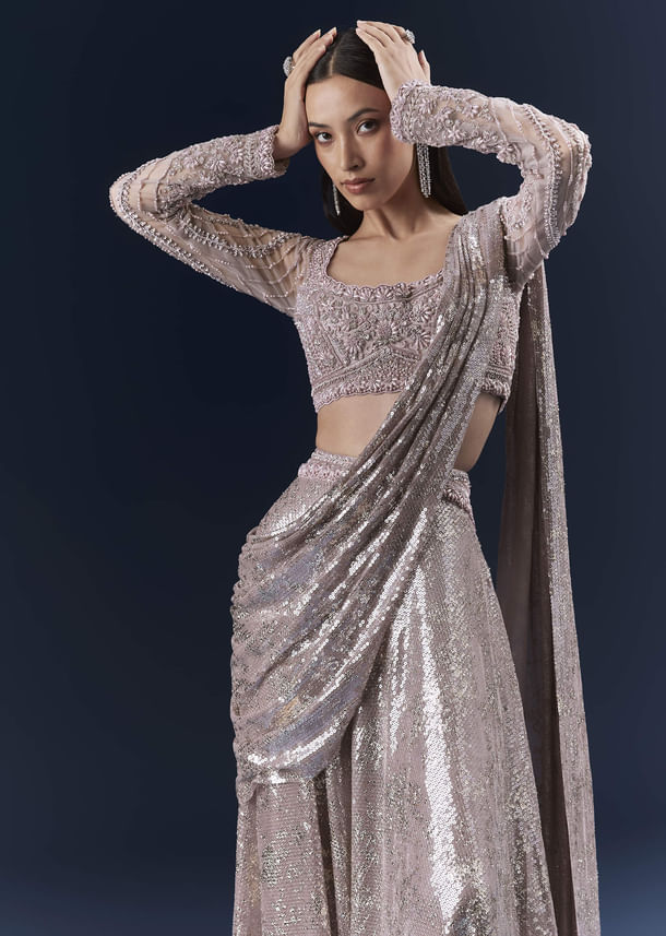 Lilac  Imported Sequins Crop Top And Palazzo Pants With Attached Dupatta Lilac  Imported Sequins Crop Top And Palazzo Pants With Attached Dupatta