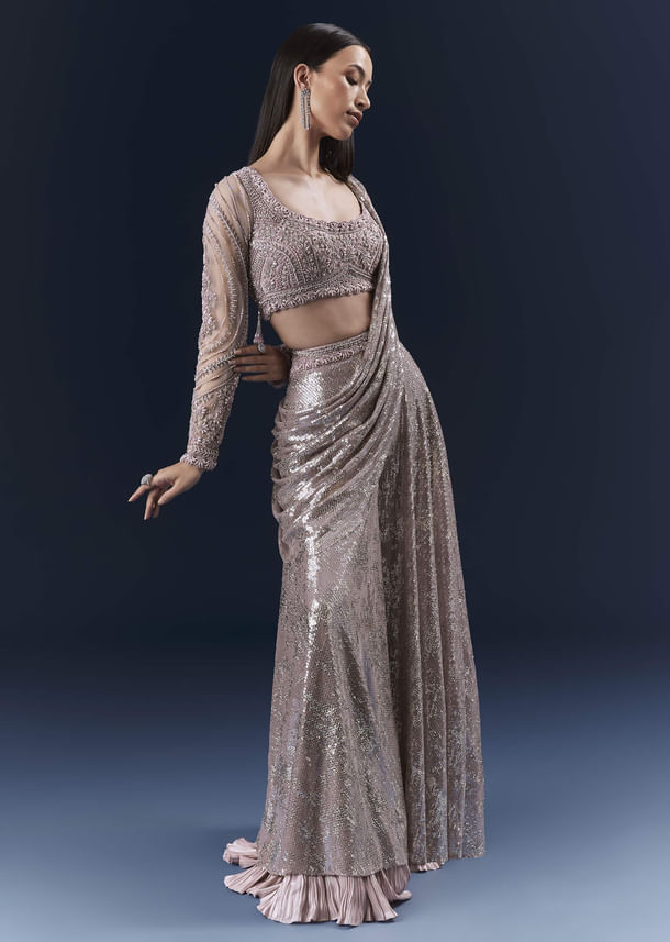 Lilac  Imported Sequins Crop Top And Palazzo Pants With Attached Dupatta Lilac  Imported Sequins Crop Top And Palazzo Pants With Attached Dupatta