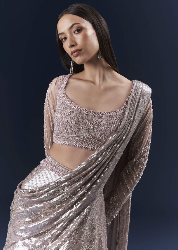 Lilac  Imported Sequins Crop Top And Palazzo Pants With Attached Dupatta Lilac  Imported Sequins Crop Top And Palazzo Pants With Attached Dupatta