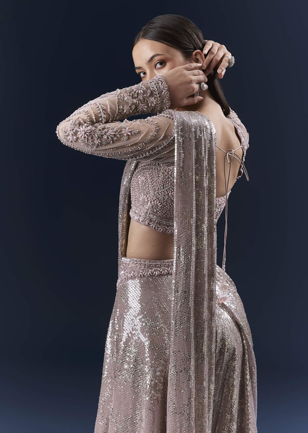 Lilac  Imported Sequins Crop Top And Palazzo Pants With Attached Dupatta Lilac  Imported Sequins Crop Top And Palazzo Pants With Attached Dupatta