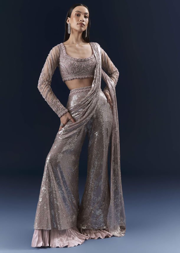 Lilac  Imported Sequins Crop Top And Palazzo Pants With Attached Dupatta Lilac  Imported Sequins Crop Top And Palazzo Pants With Attached Dupatta