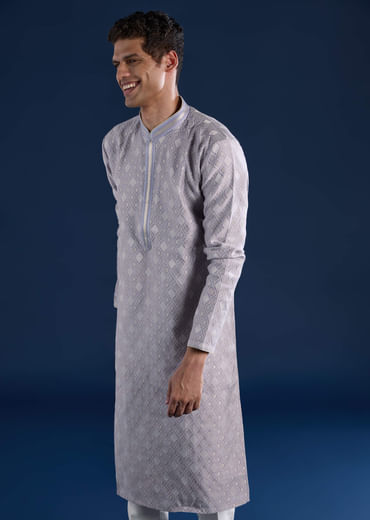 Lilac Mens Jacquard Self Work Kurta and Pant Set