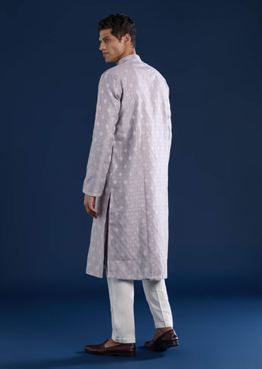 Lilac Mens Jacquard Self Work Kurta and Pant Set
