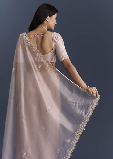 Lilac Net Saree With Heavy Hand Embroidery