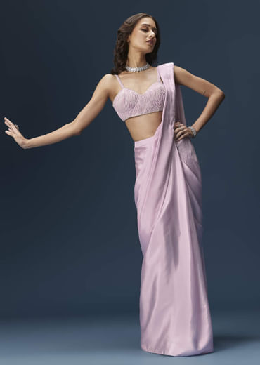 Lilac Ready Pleated Saree With Embellished Blouse And Belt