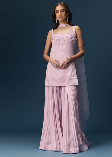 Lilac Sharara Suit With Choker And Ruched Sharara
