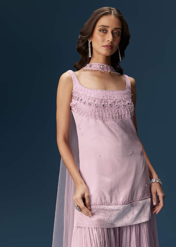 Lilac Sharara Suit With Choker And Ruched Sharara