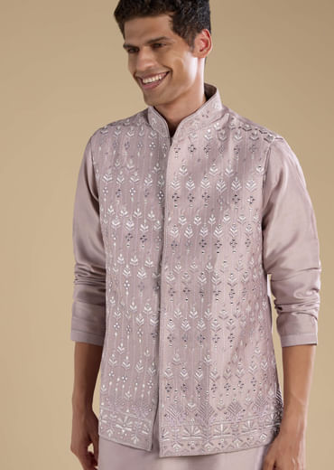 Lilac Silk Jacket Kurta Set with Mirror Embellishments
