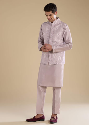 Lilac Silk Jacket Kurta Set with Mirror Work