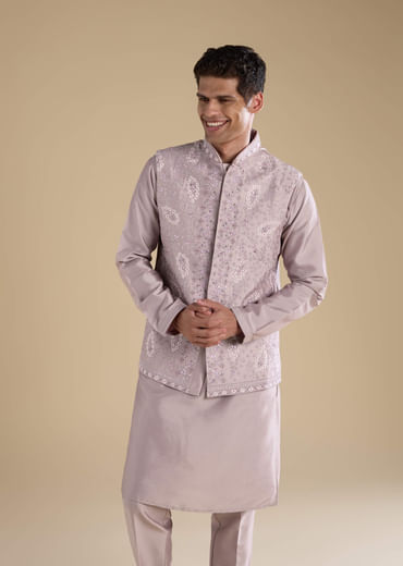 Lilac Silk Jacket Kurta Set with Mirror Work