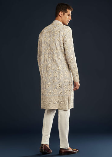 Lilac Silk Mens Kurta Set with Resham Sequin Work