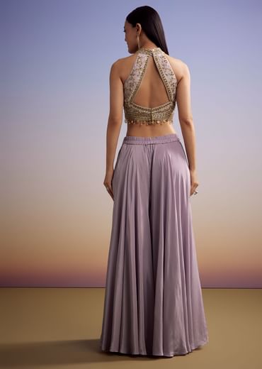 Lilac Tissue Crop Top Set With Orange Pastel Embroidery
